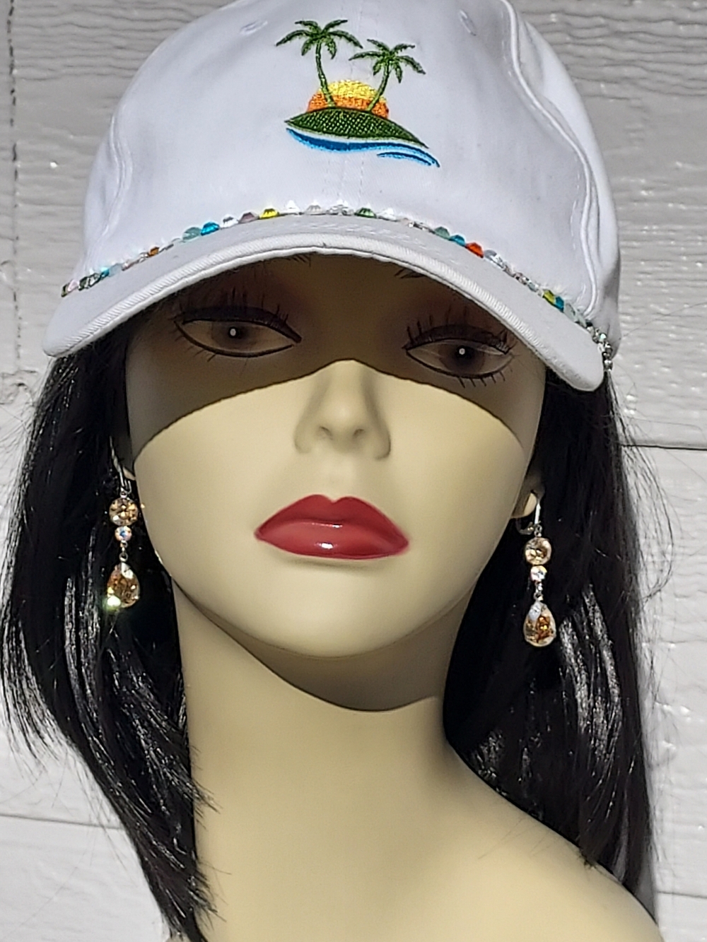 White Embroidered Palm Tree Swarovski Crystal Baseball Cap